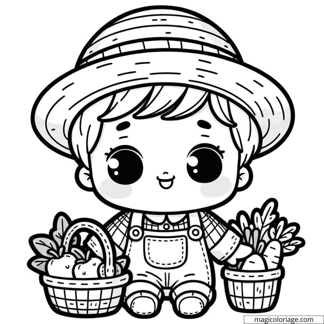 Coloriage à imprimer de bébé fermier avec un chapeau de paille et un panier de légumes