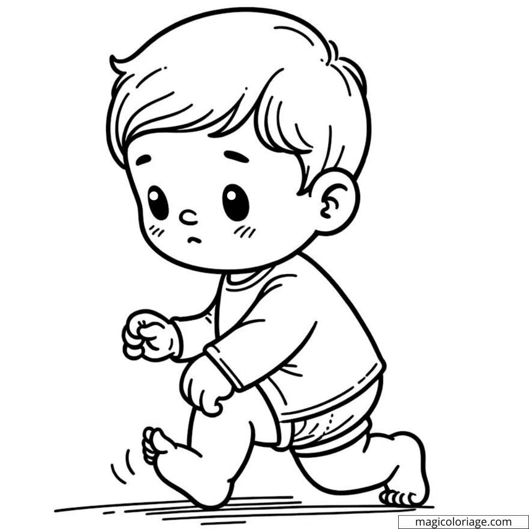 Coloriage d'un bébé garçon essayant de marcher
