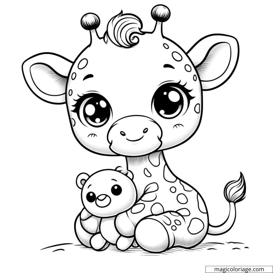 Coloriage à imprimer de bébé girafe avec un doudou