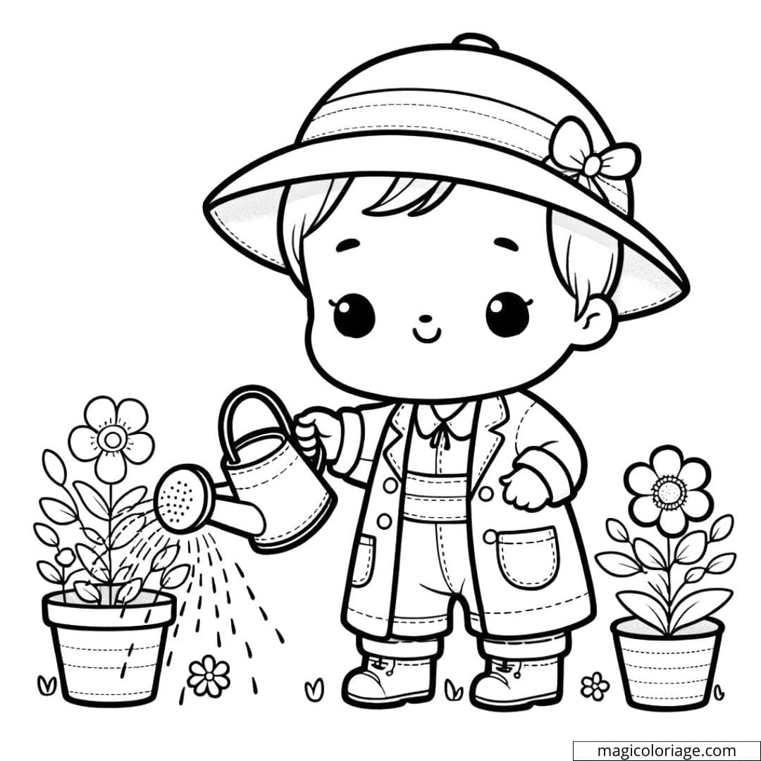 Coloriage à imprimer de bébé jardinier arrosant des fleurs