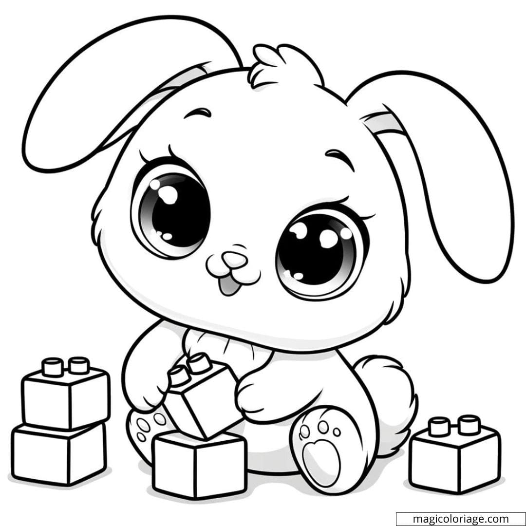 Coloriage à imprimer de bébé lapin jouant avec des blocs de construction