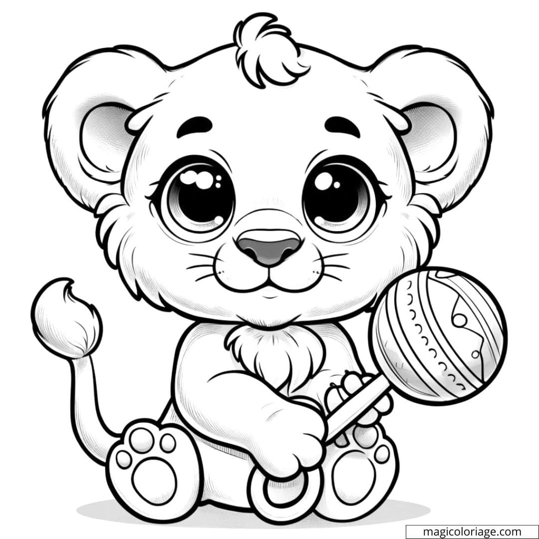 Coloriage à imprimer de bébé lionceau avec un hochet