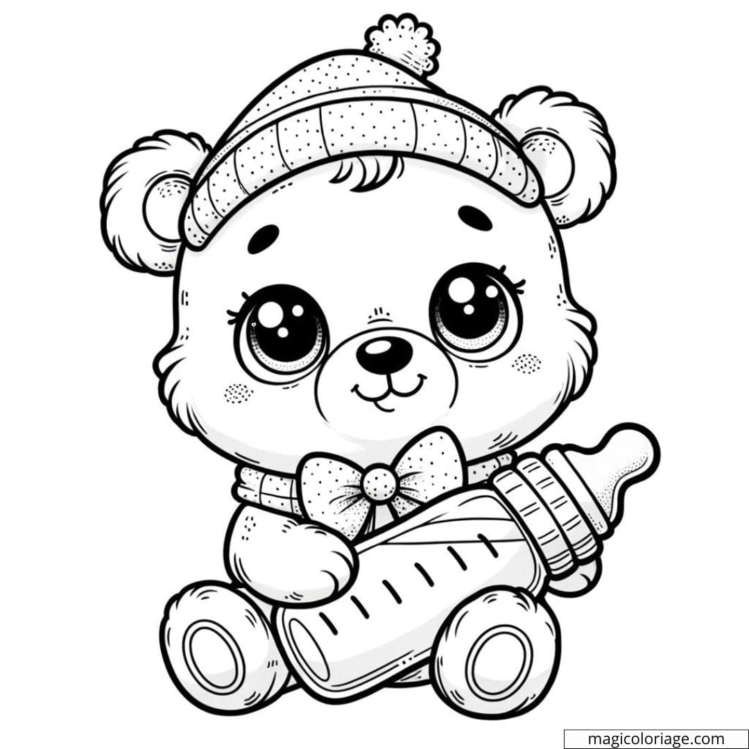 Coloriage à imprimer de bébé ours avec un biberon