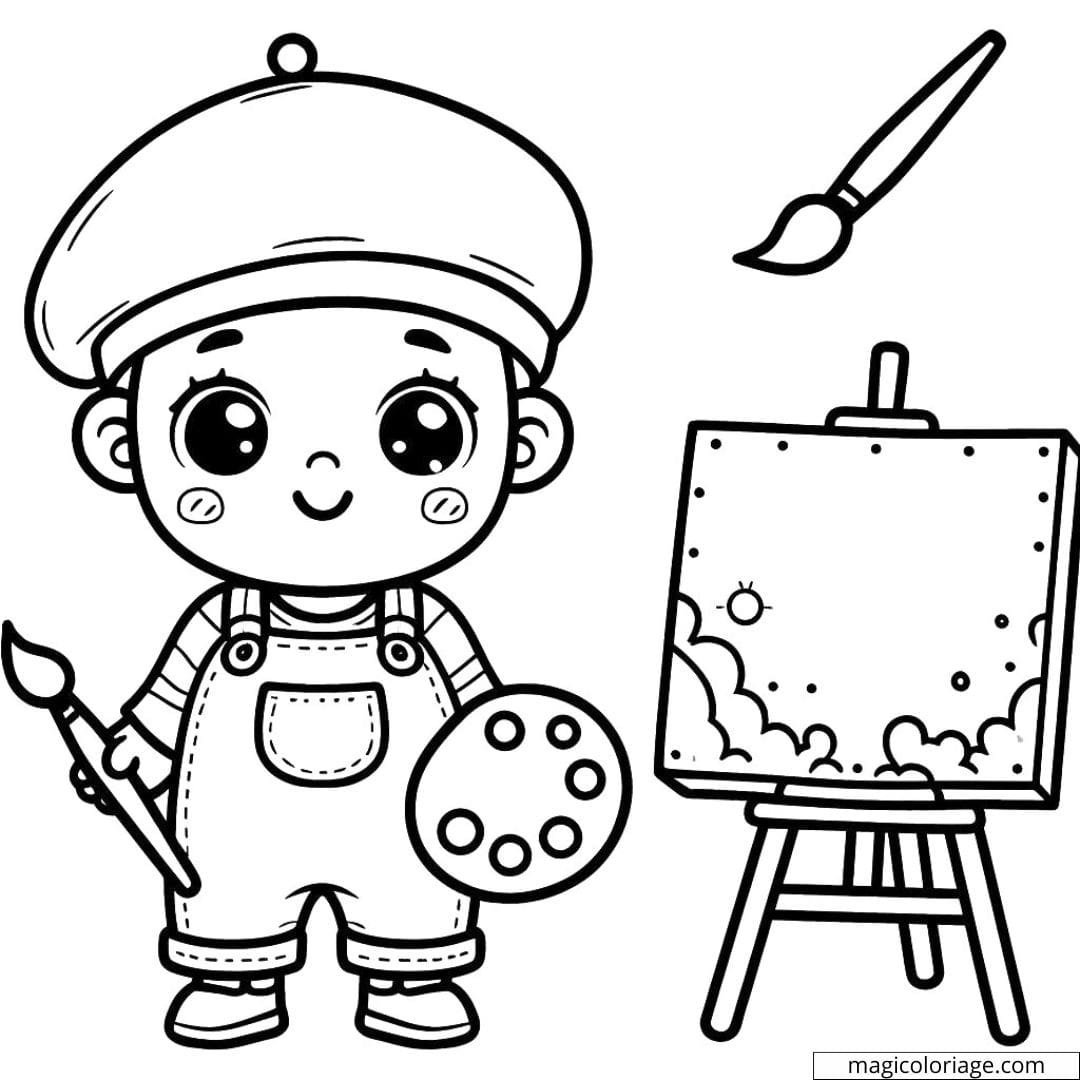 Coloriage à imprimer de bébé peintre avec une toile et un pinceau