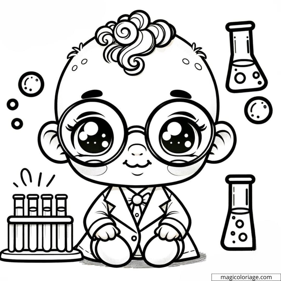 Coloriage à imprimer de bébé scientifique avec des lunettes et des éprouvettes