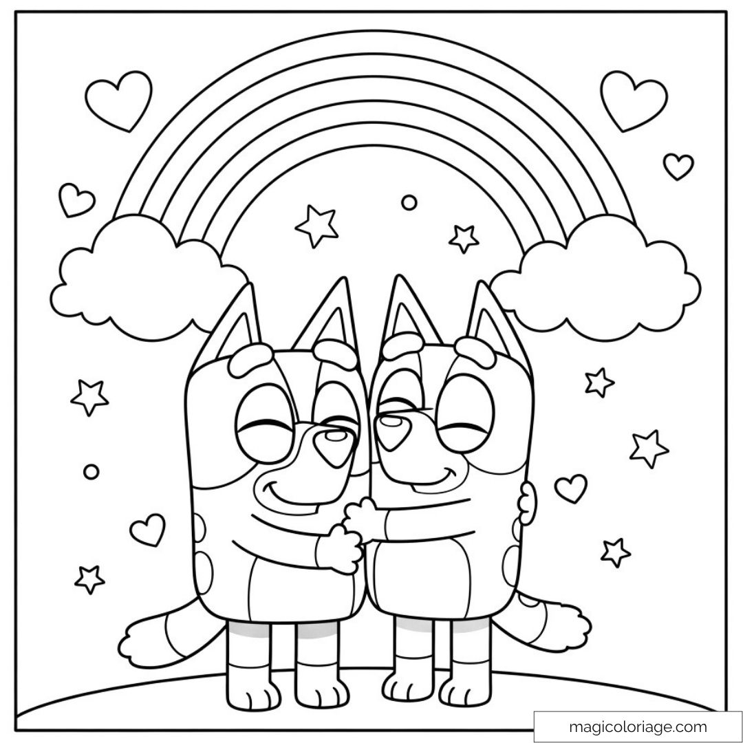 Dessin de Bluey et Bingo sous un arc-en-ciel avec cœurs et étoiles.