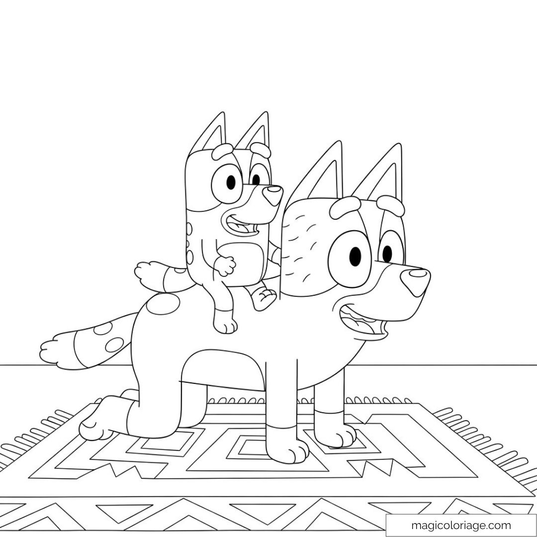 Bluey et Bandit jouant sur un tapis