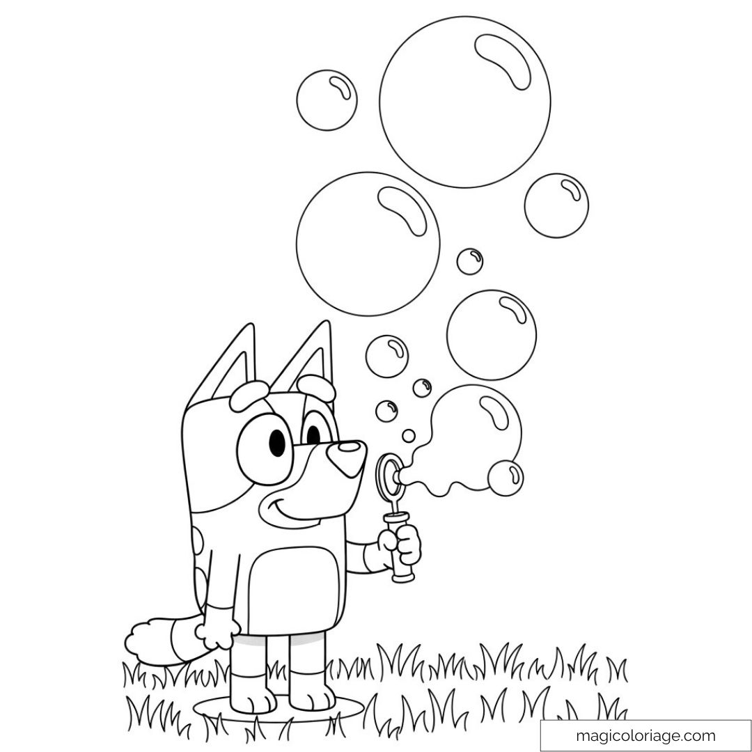 Dessin de Bluey soufflant des bulles de savon dans l'herbe