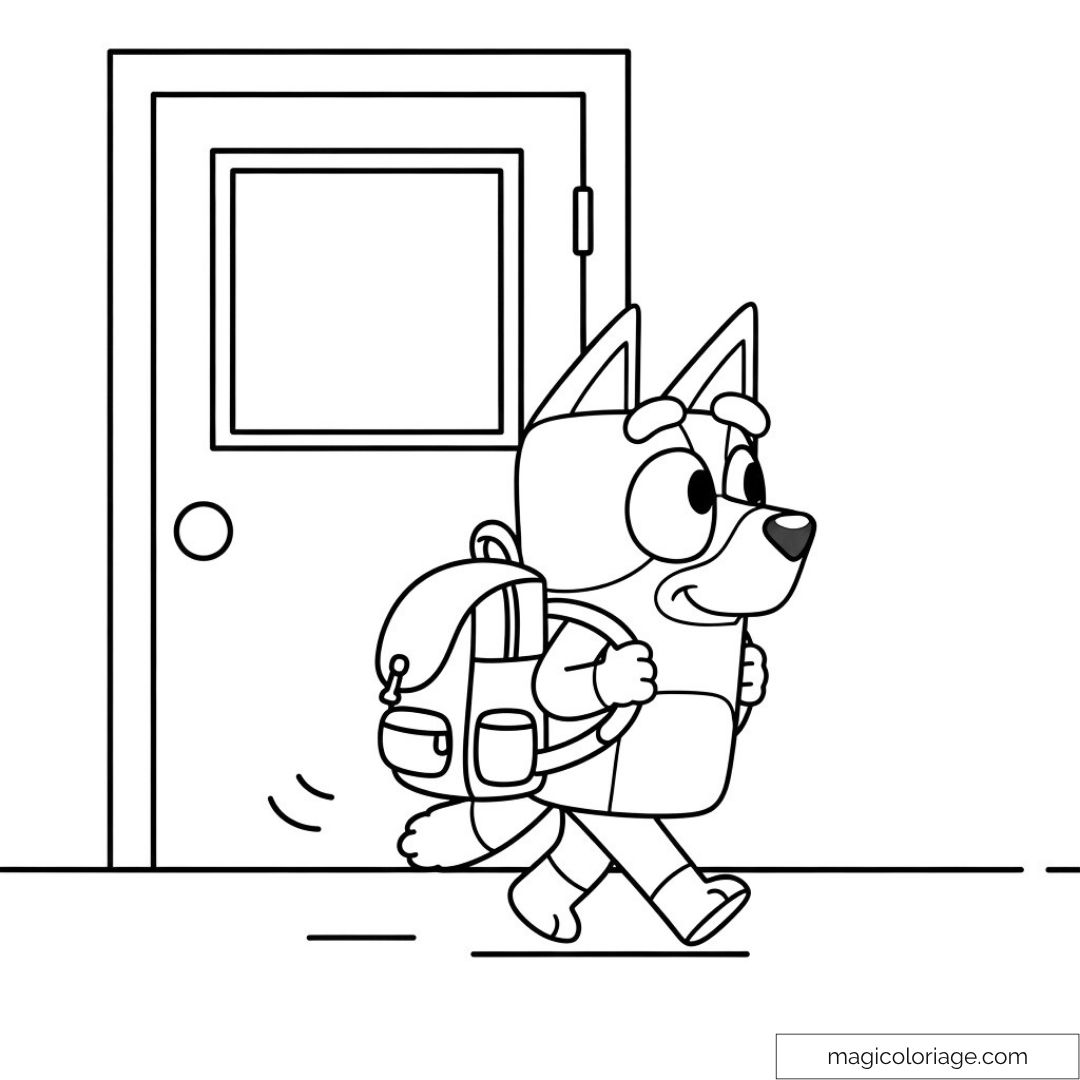 Bluey devant la porte d'école avec sac à dos colorié