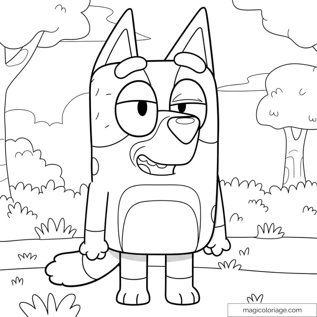 Dessin de Bluey debout dans un paysage naturel à colorier.