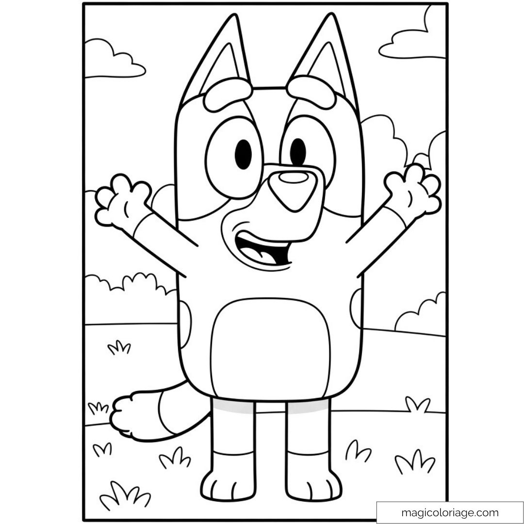 Coloriage de Bluey dans un jardin