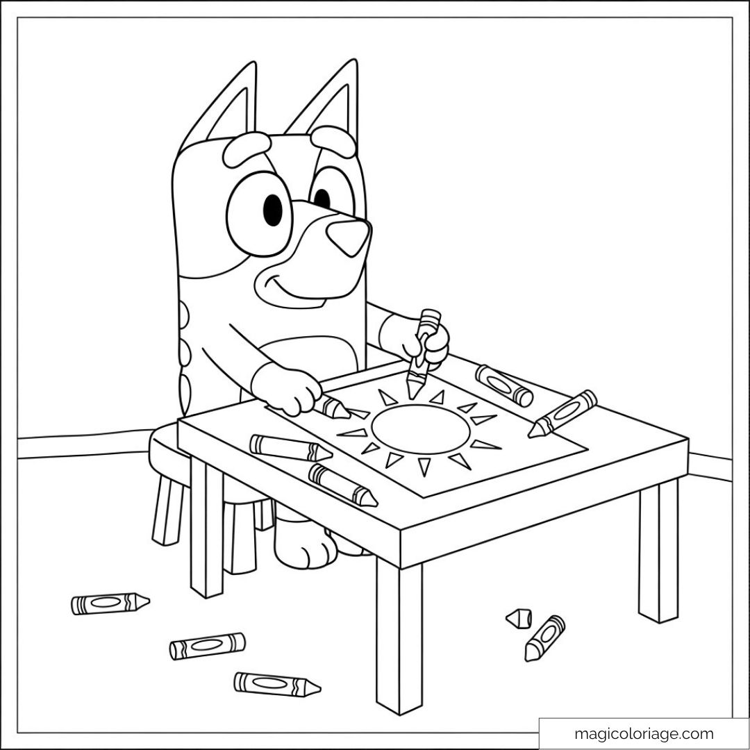 Bluey dessinant un soleil à la table avec des crayons de couleur