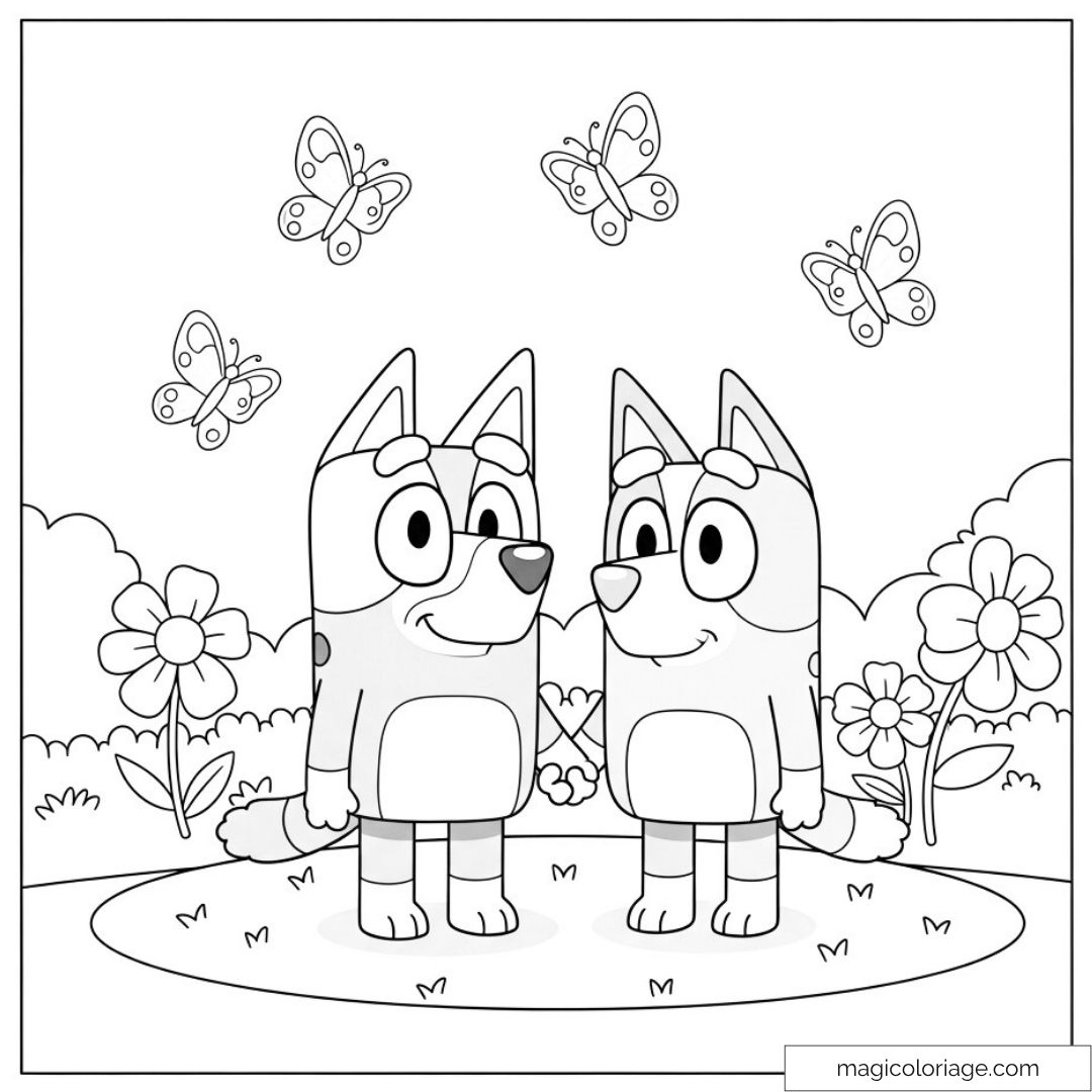 Bluey et ami joyeux avec papillons et fleurs dans un jardin