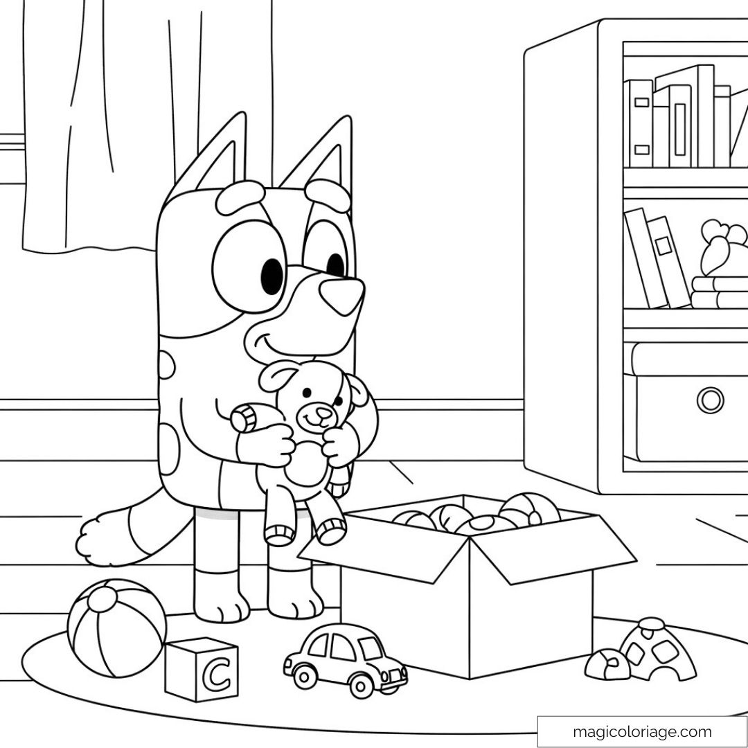 Bluey jouant avec des jouets dans sa chambre