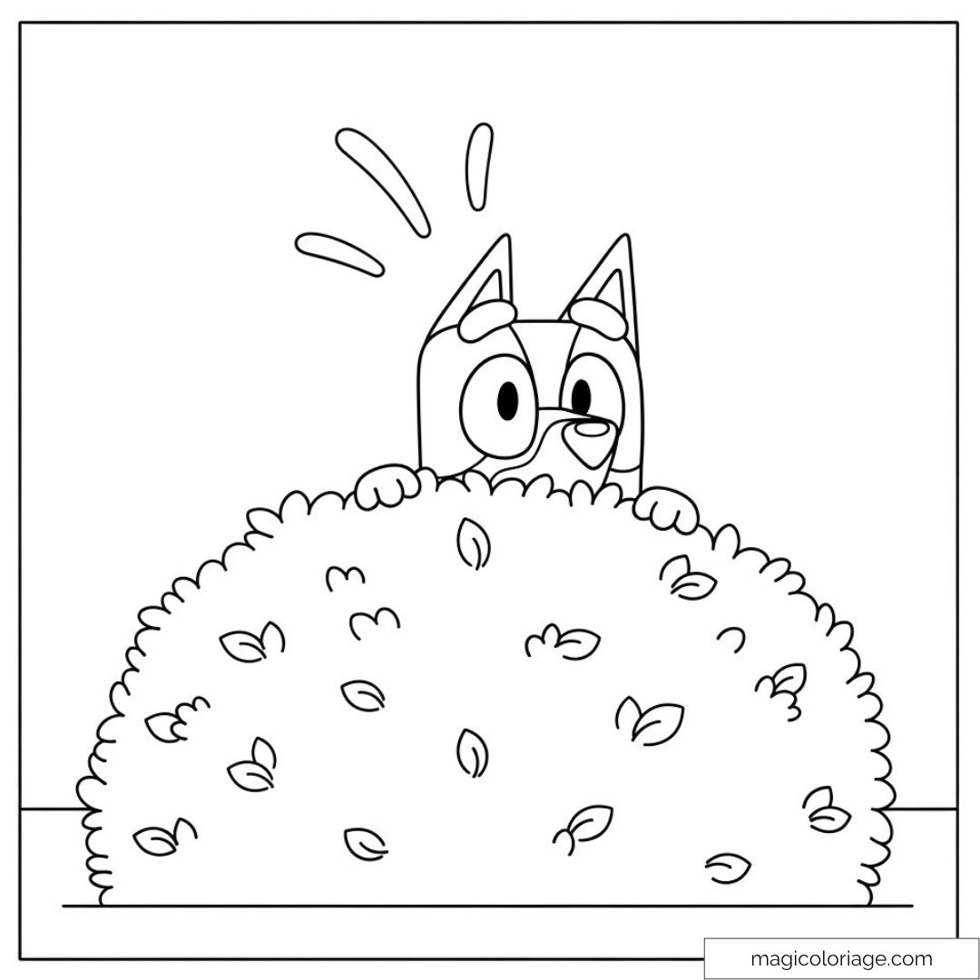 Bluey caché derrière un buisson à colorier pour enfants.