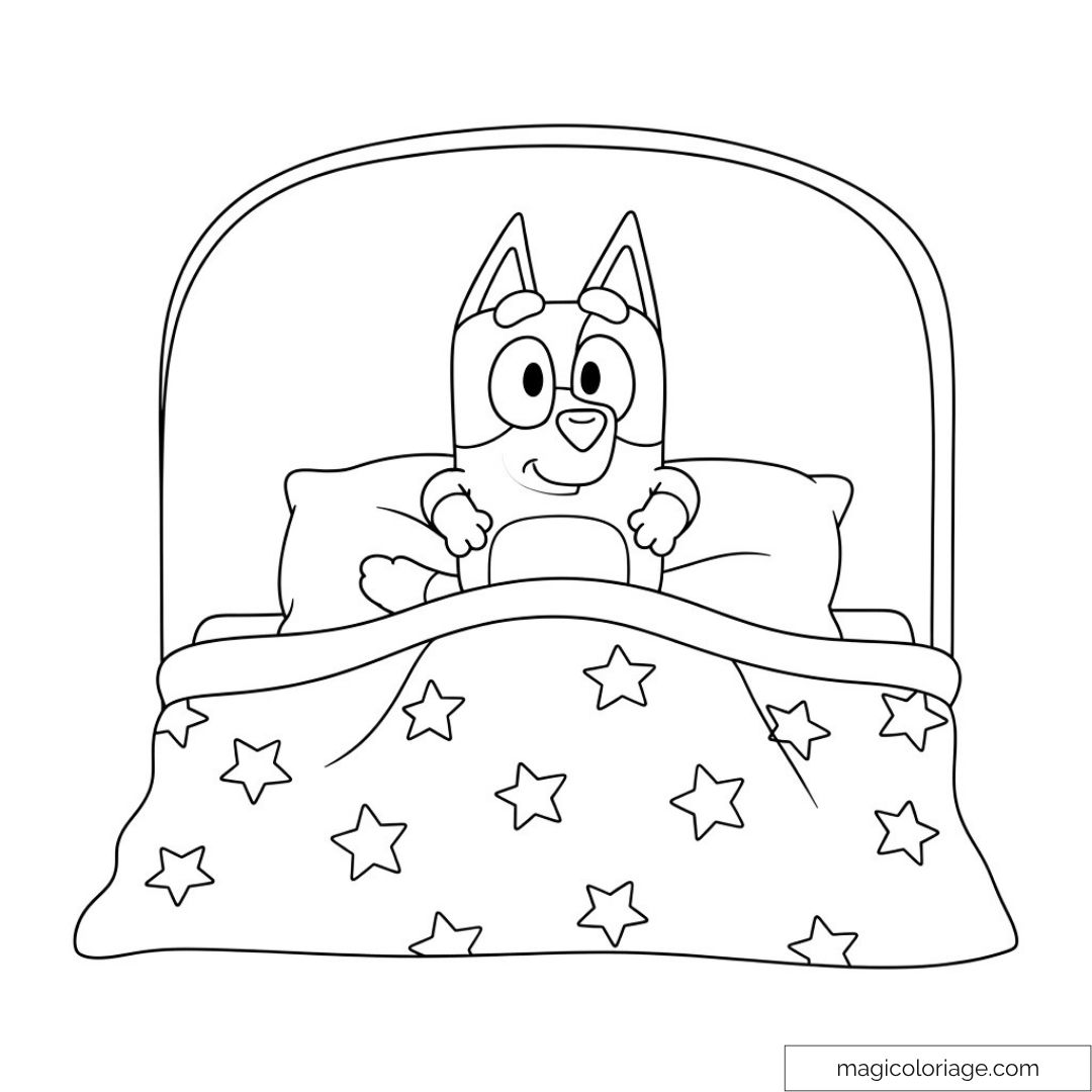 Bluey allongé dans un lit avec couverture étoilée