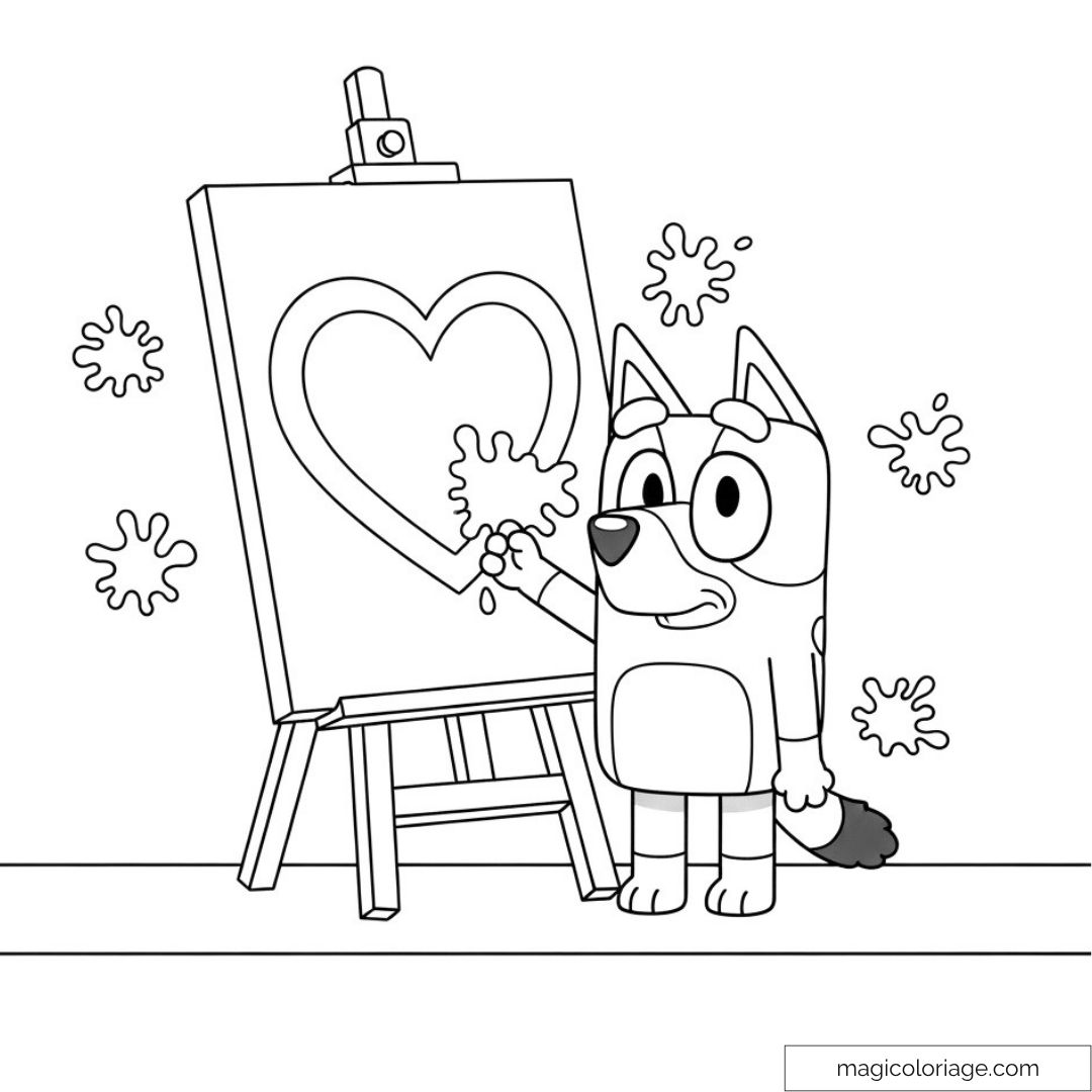 Dessin Bluey devant une toile avec un cœur
