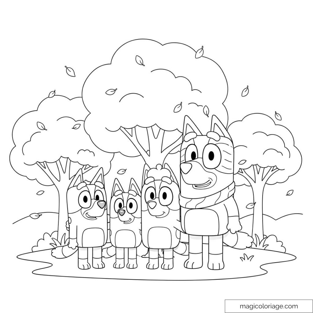 Dessin de Bluey et famille en forêt pour coloriage.