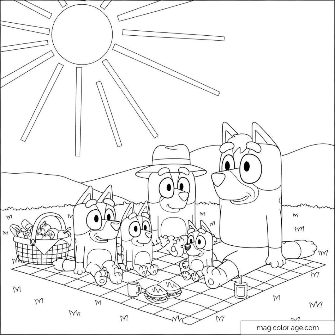 Bluey et famille pique-niquant sous le soleil avec des sandwiches.