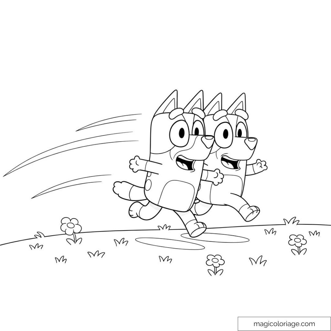 Bluey et ami courant dans un parc fleuri