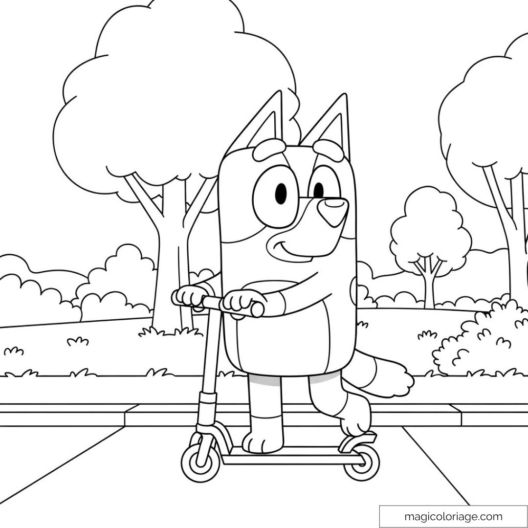 Bluey sur une trottinette dans un parc entouré d’arbres