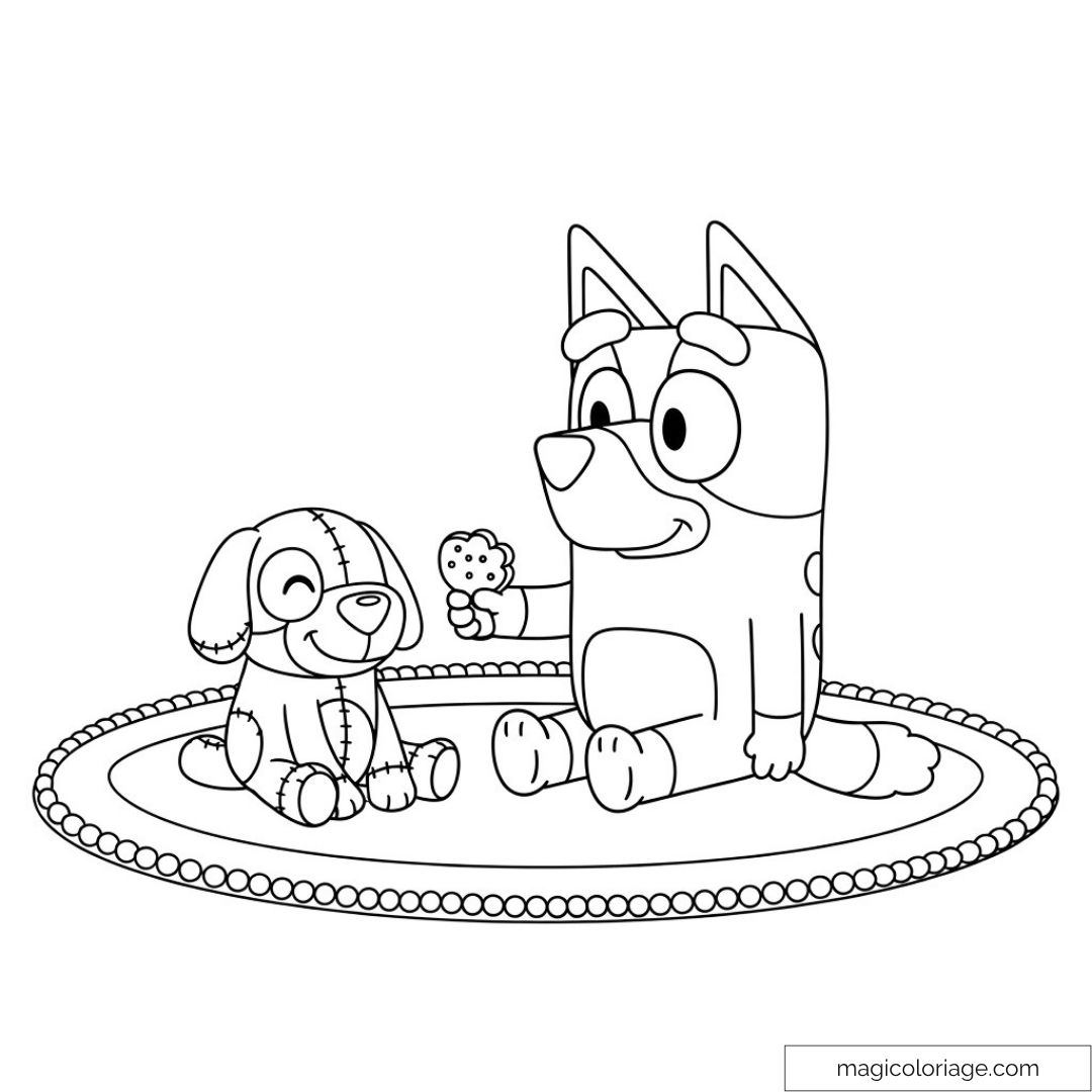 Dessin de Bluey et chien jouant