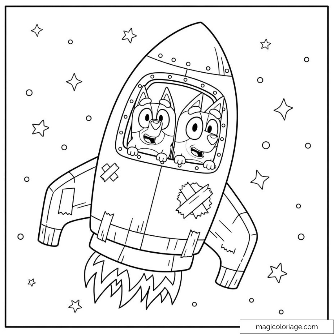 Bluey et Bingo dans une fusée spatiale entourée d'étoiles.