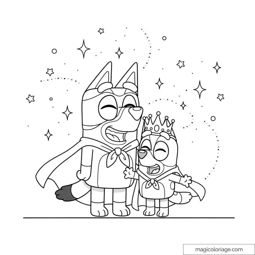 Coloriage de Bluey et Bingo en costumes de super-héros avec des étoiles.