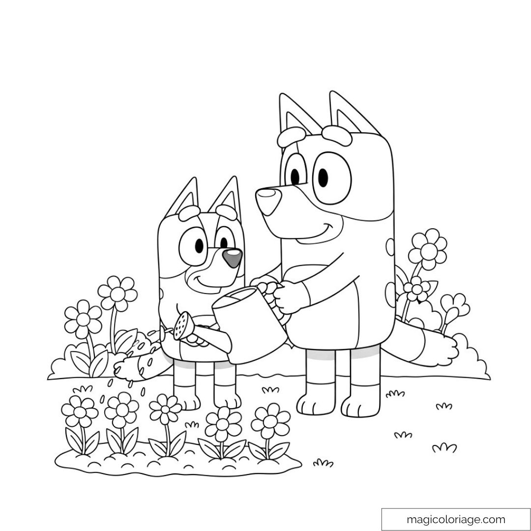 Bluey et Bingo arrosant des fleurs dans le jardin