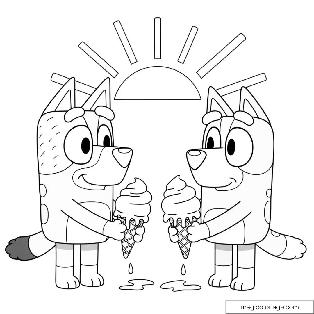 Dessin à colorier de Bluey et Bingo mangeant des glaces sous le soleil.