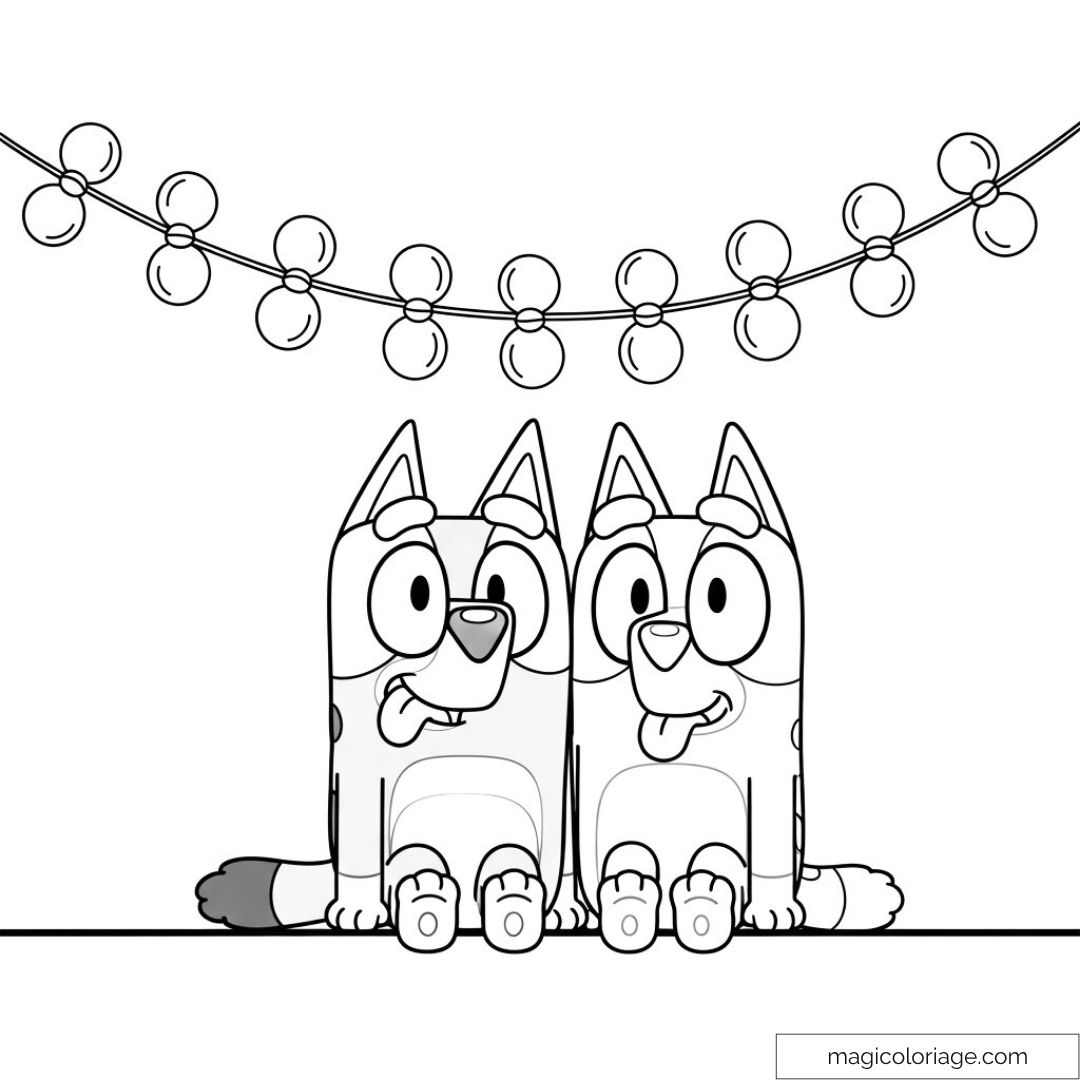 Bluey et Bingo sous guirlande lumineuse
