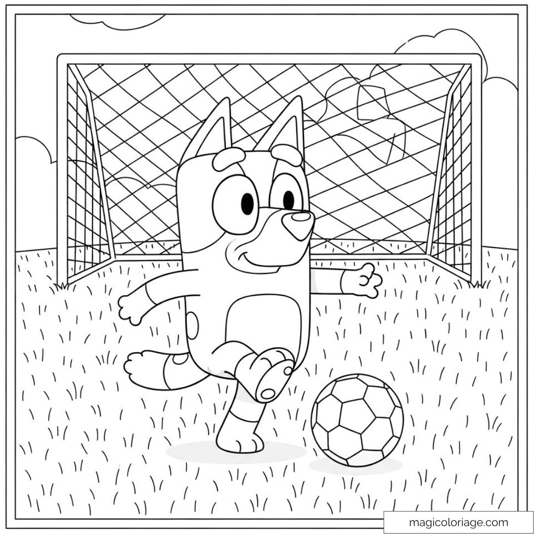 Dessin de Bluey jouant au football devant un but.