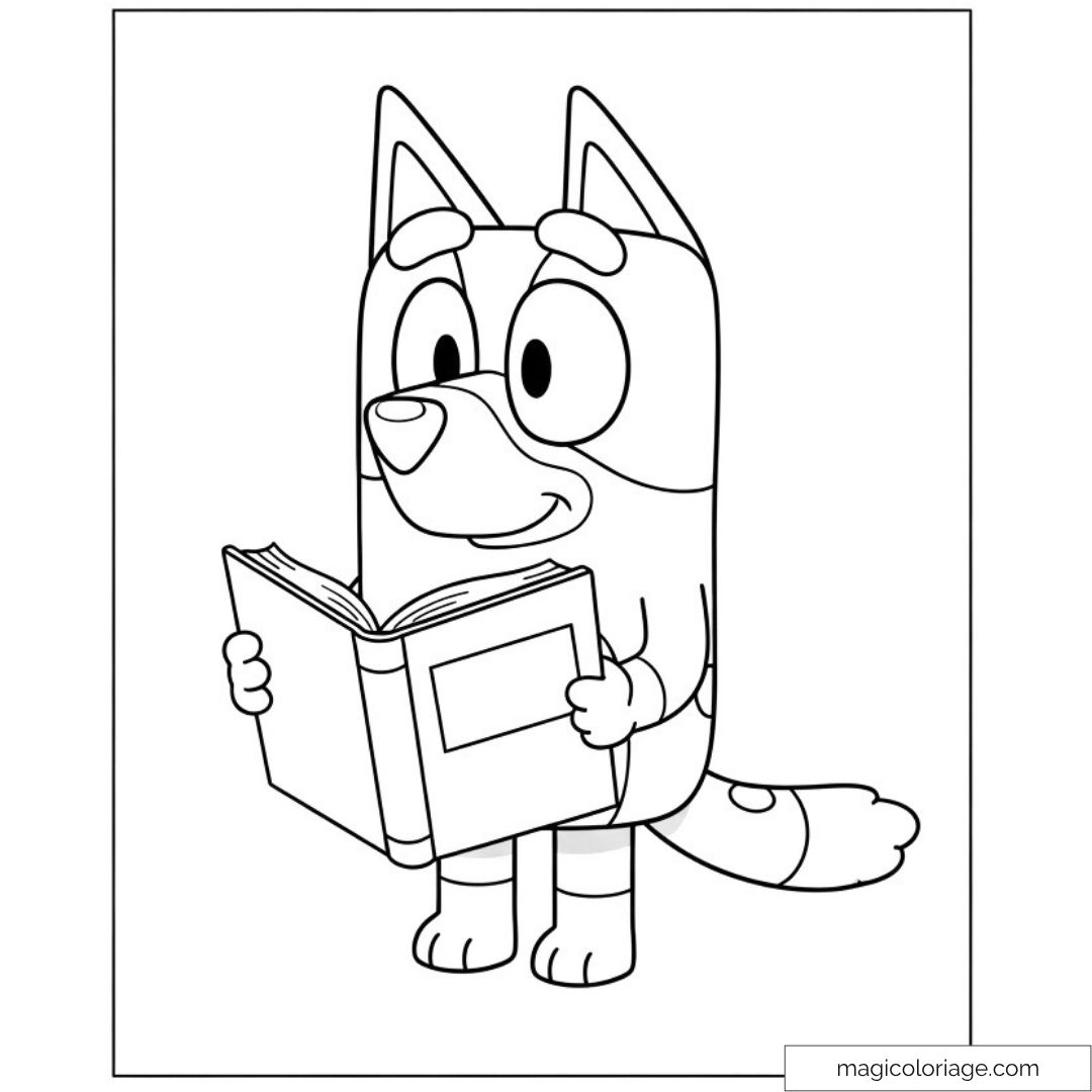 Bluey lisant un livre à colorier pour enfants