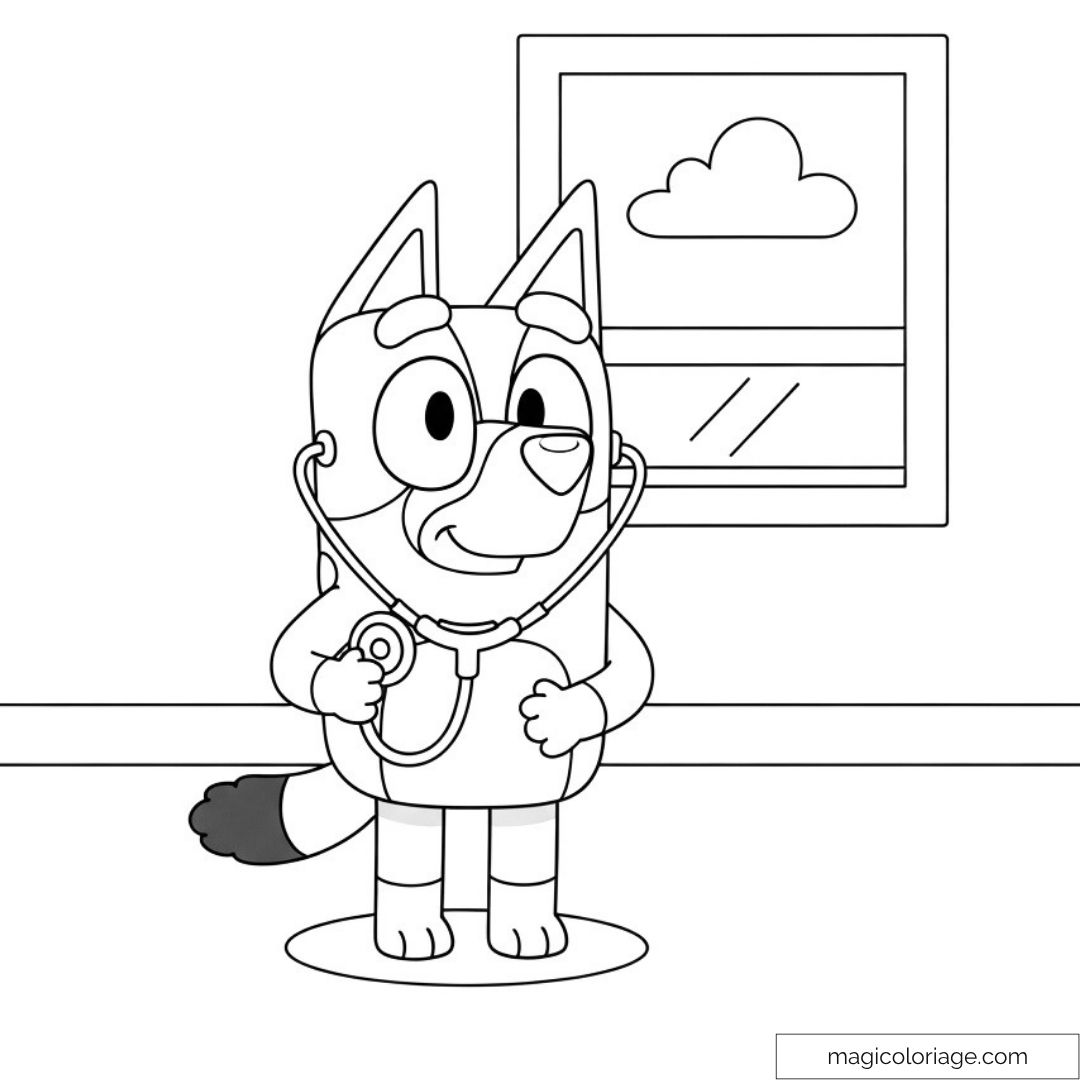 Coloriage Bluey médecin avec stéthoscope devant une fenêtre.