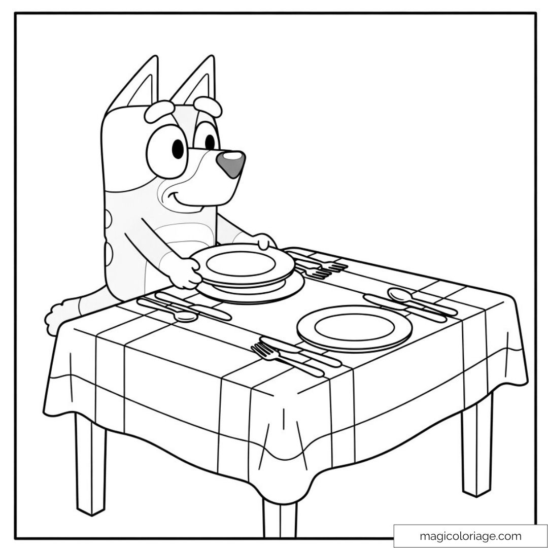 Bluey en train de mettre la table avec assiettes et couverts.