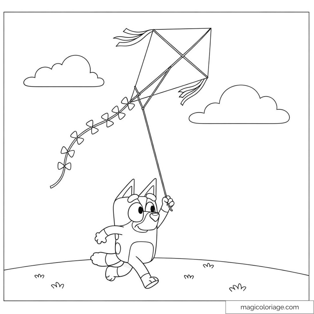 Coloriage de Bluey courant avec un cerf-volant sous le ciel