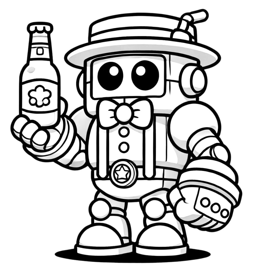Coloriage de Barley, personnage robotique de Brawl Stars avec son uniforme de barman à imprimer.