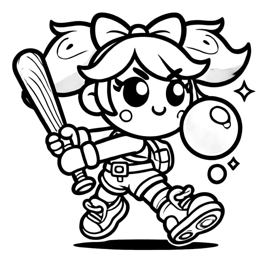 Coloriage Bibi de Brawl Stars avec sa batte de baseball et un chewing-gum.