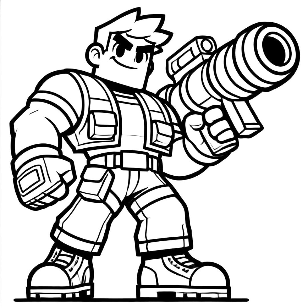 Coloriage Brock de Brawl Stars avec son lance-roquettes, prêt pour l'action.
