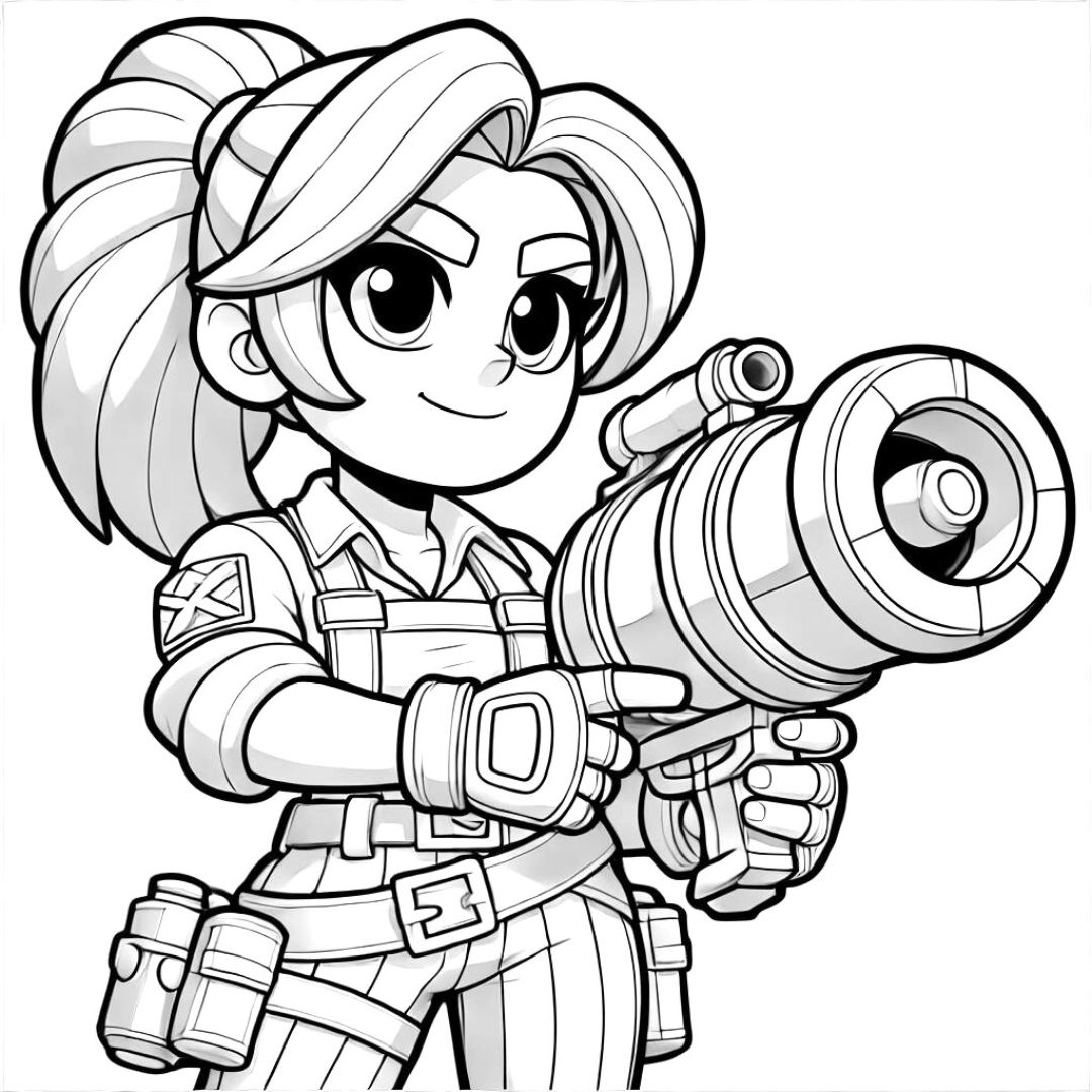 Coloriage réaliste de Penny de Brawl Stars avec son canon, à imprimer.