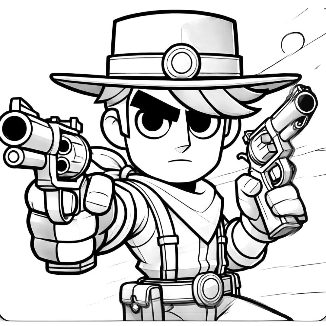 Coloriage réaliste de Colt de Brawl Stars avec ses pistolets en position de tir.