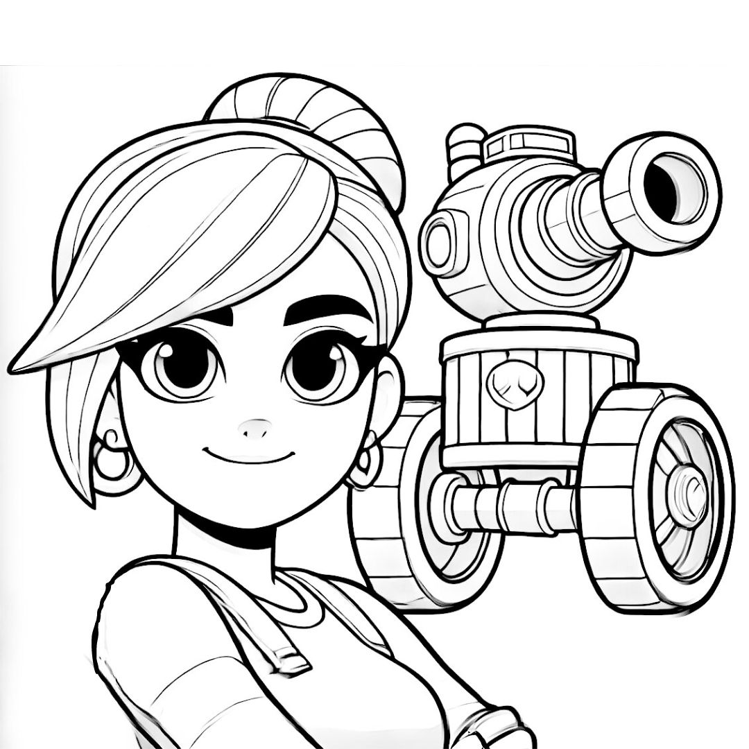 Coloriage réaliste de Jessie de Brawl Stars avec sa tourelle, à imprimer.