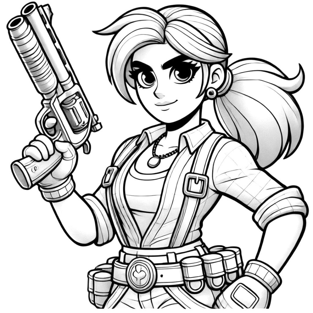 Coloriage réaliste de Shelly de Brawl Stars, armée de son fusil, à imprimer.