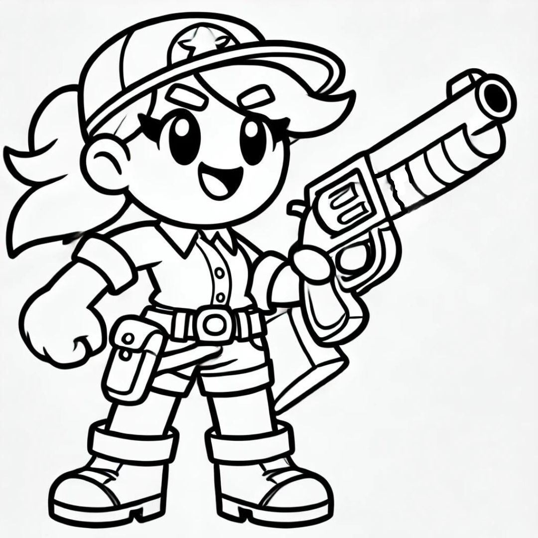 Coloriage de Shelly de Brawl Stars, armée de son fusil, à imprimer.