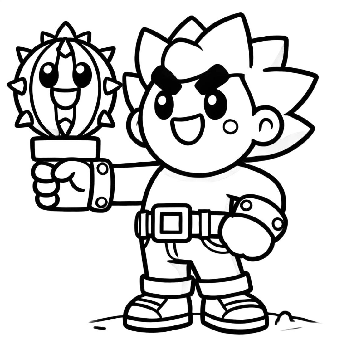Coloriage Spike de Brawl Stars tenant une grenade cactus, à imprimer.