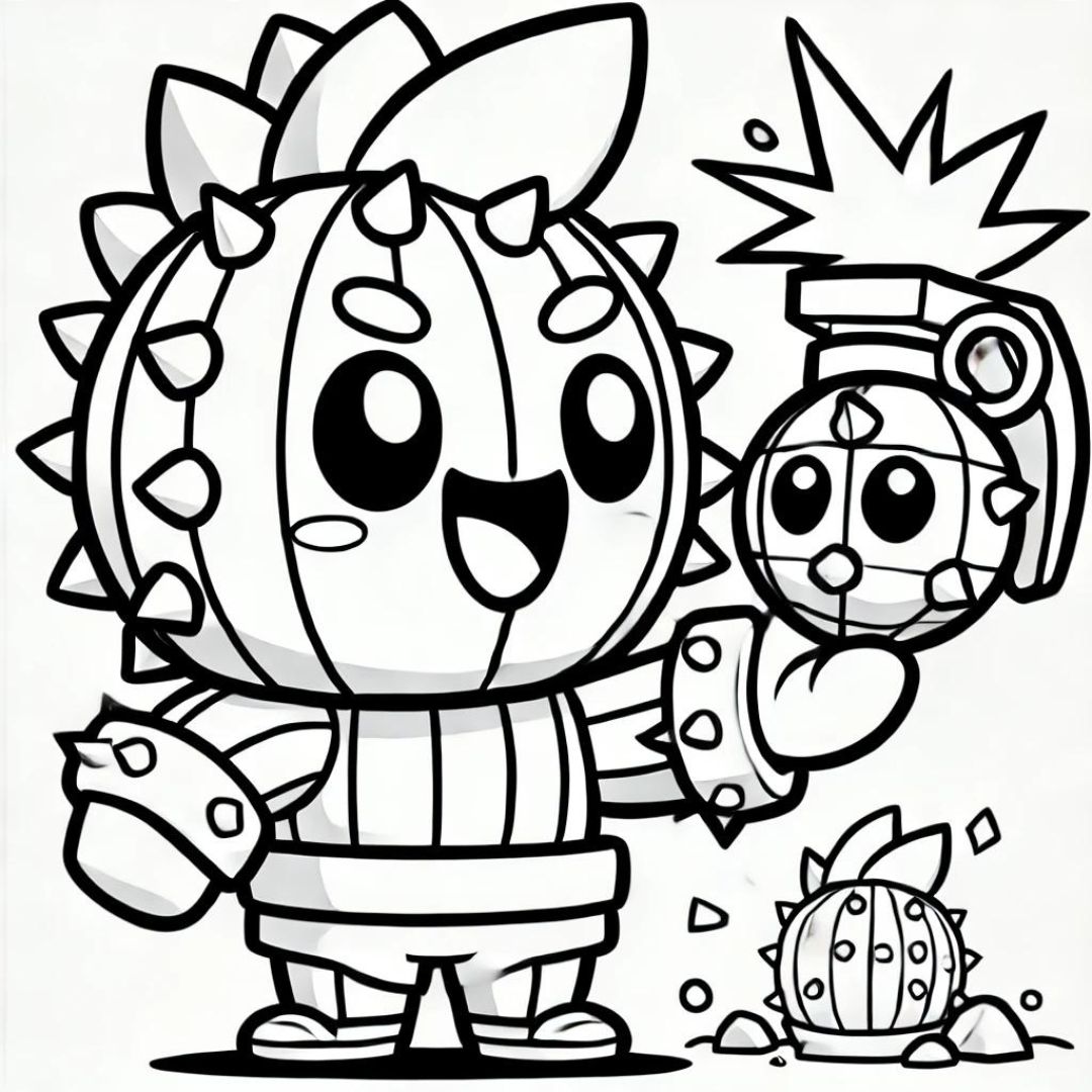 Coloriage à imprimer de Spike, personnage cactus de Brawl Stars.
