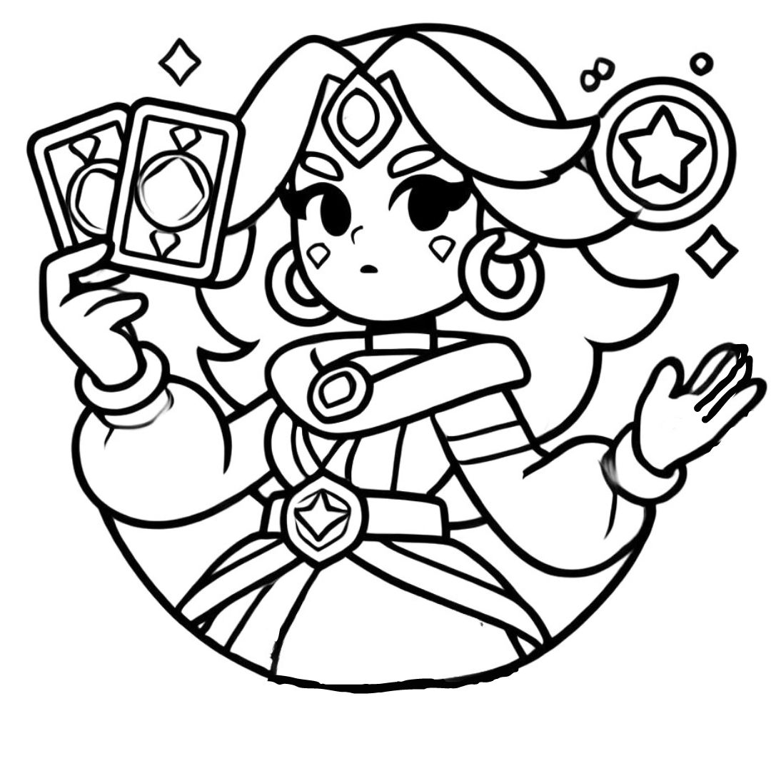 Coloriage Tara de Brawl Stars avec ses cartes de tarot, à imprimer.