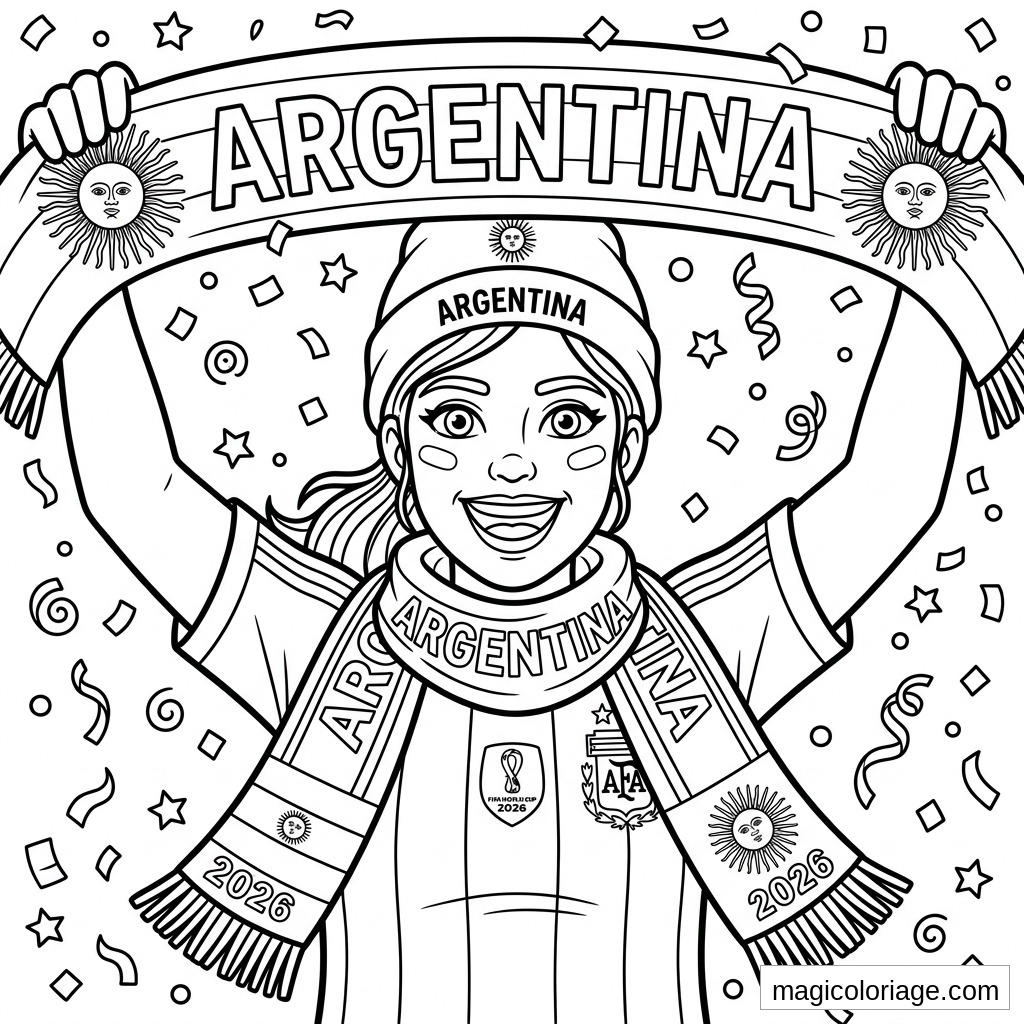 Coloriage Coupe du monde 2026 d’une supportrice Argentine avec écharpe, maillot AFA et confettis