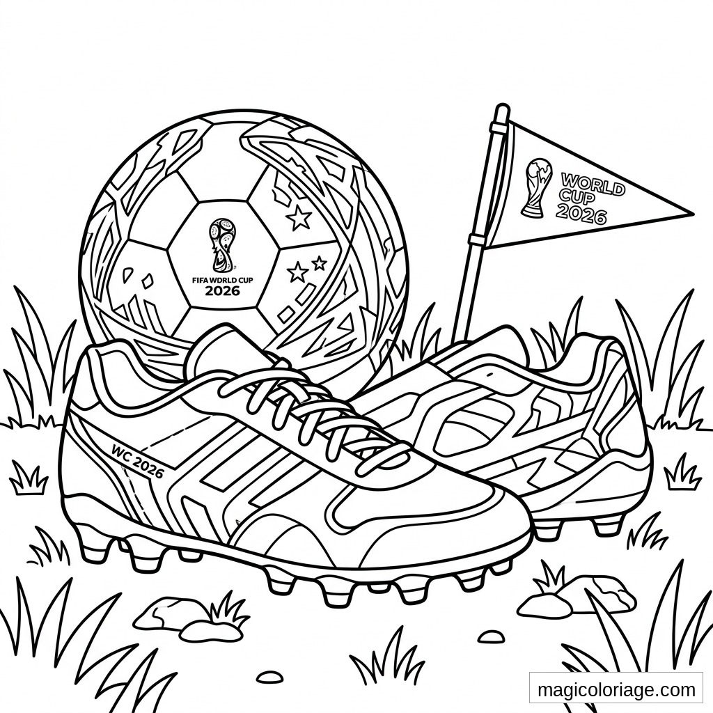 Coloriage Coupe du monde 2026 avec crampons, ballon FIFA World Cup 2026 et fanion dans l’herbe