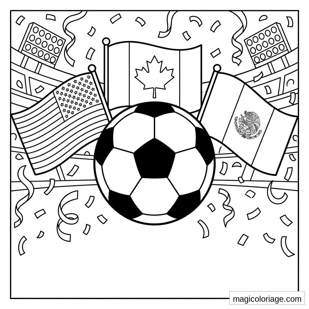 Coloriage Coupe du monde 2026 avec ballon, drapeaux États-Unis Canada Mexique et confettis